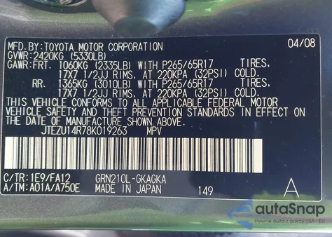 2008 Toyota 4Runner Sr5 V6 из США, поврежденный, VIN JTEZU14R78K019263